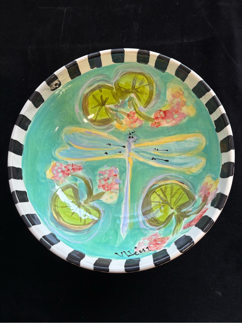Hand Painted Deep Ceramic “Dragonfly On Mint” 12”x5.5”Original Design